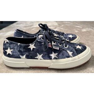 Superga Navy Blue Velvet White Stars Lace Up Casual Sneakers Womens 6.5 EU 37